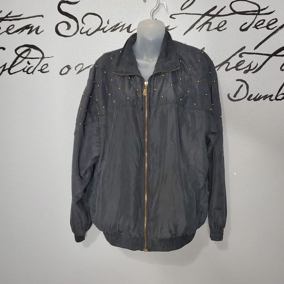 Vintage Fuda International Black Silk with Golden Studs Bomber Jacket - Picture 1 of 8